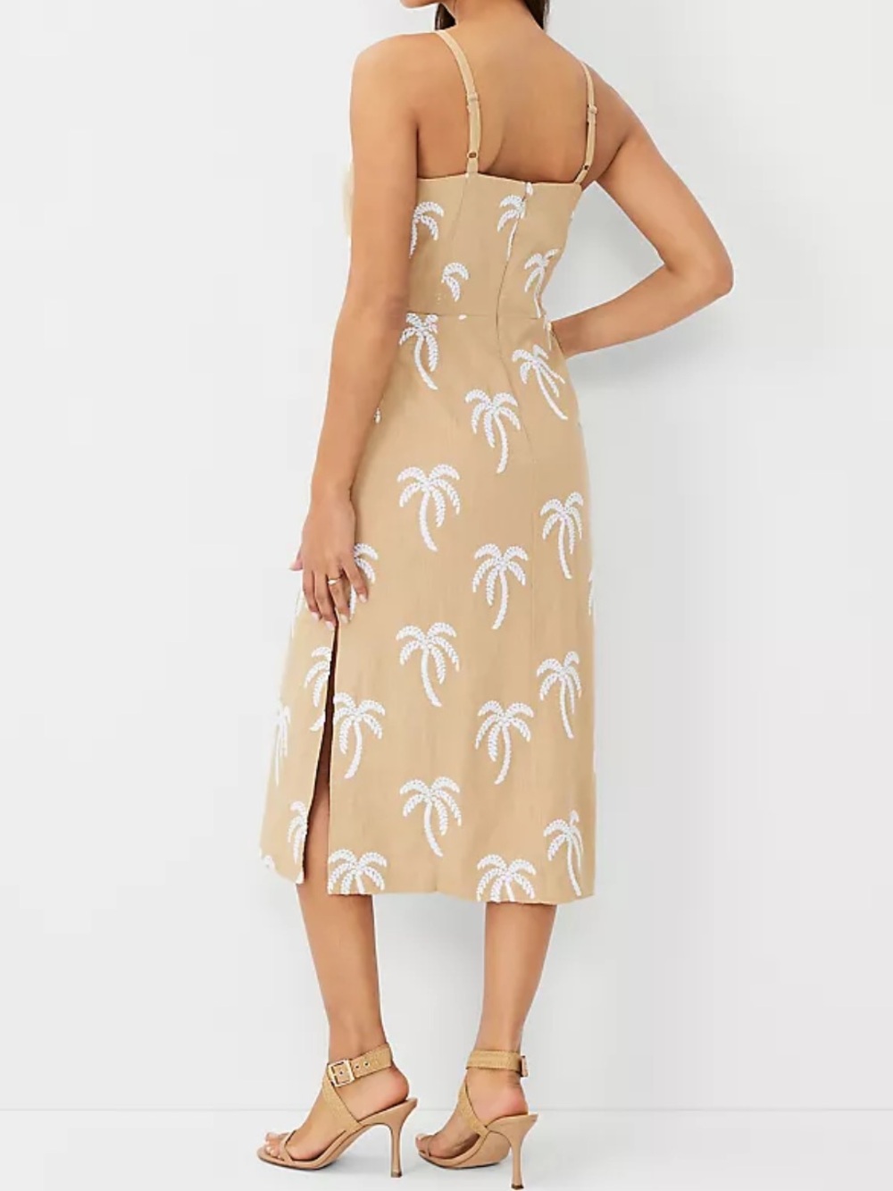 🆕 Ann Taylor Beige Palm Tree Embroidered Midi Dress - Picture 4 of 8